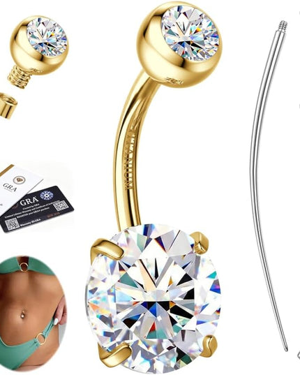 Moissanite G23 Titanium Belly Button Ring - 18K Gold Plated Belly Rings Hypoallergenic Titanium Internally Threaded Belly Button Piercing Moissanite Navel Piercing Jewelry for Women D Color VVS1 Clarity Brilliant Cut