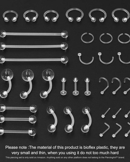 36Pcs Clear Piercing Retainers Bioflex Plastic Jewelry for Nipple Tongue Nose Septum Eyebrow Belly Earrings Tragus Helix Cartilage Industrial Lip Labret Rings Studs for Surgery Mri