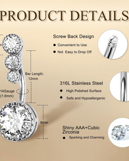 14G Stainless Steel Belly Button Rins, Heart CZ Belly Barbell Piercings, Cute Navel Piercing Jewelry for Women