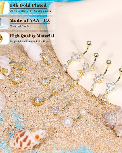 10Pcs 14K Gold Plated 14G Belly Button Rings for Women Surgical Steel Dangle Belly Rings CZ Clicker Belly Button Rings Hypoallergenic Heart Flower Butterfly Navel Piercing Jewelry