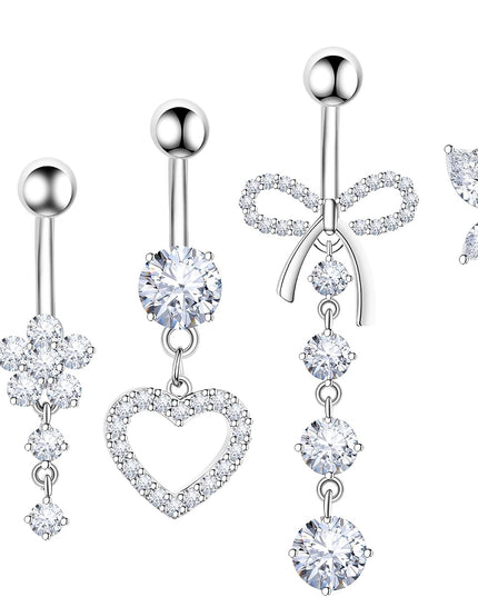 Belly Button Ring Dangle Navel Belly Piercing Jewelry Cute Pink CZ Heart Butterfly Bow Flower Navel Belly Rings for Women 14G Silver Stainless Steel Dainty Dangly Dangling Belly Button Piercing