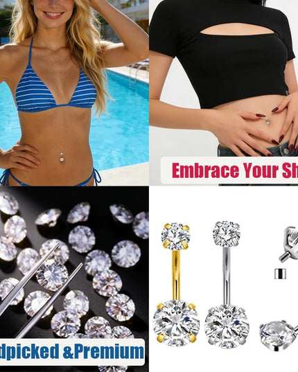14G Titanium Belly Button Ring Piercing Jewelry 10Mm,2Pcs Gold/Silver Surgical Stainless Steel Reverse Clicker Belly Ring Floating Navel Ring CZ Barbell Body Piercing Set for Women