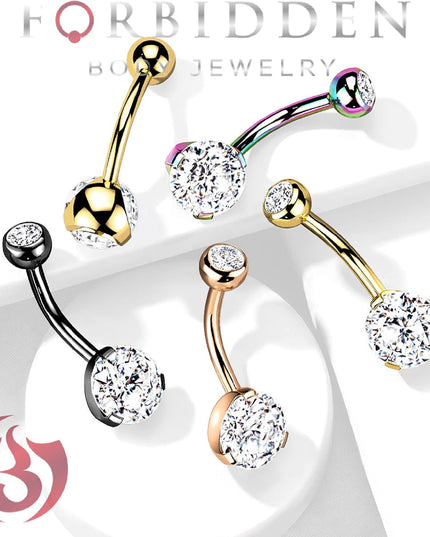 14K Gold Belly Button Ring 14G 10Mm W/Double Crystal - Stainless 316L Surgical Steel Belly Button Piercing - Yellow Barbell Belly Rings Women Navel Piercing Jewelry (1 Pc)