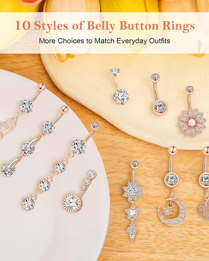 Belly Button Piercing Ring for Women, 10 PCS 14G Surgical Steel Belly Button Rings Barbell Jewelry Rings Bulk for Body Piercing with Long Bar Dangle Curved Navel Rings Heart Belly Ring