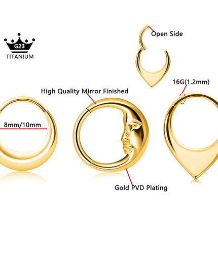 ASTM F136 G23 Titanium 16G Snake Bee Moon Flame Septum Piercing Heart Tusk Helix Hinged Daith Conch Earring Opal Hoop Nose Ring