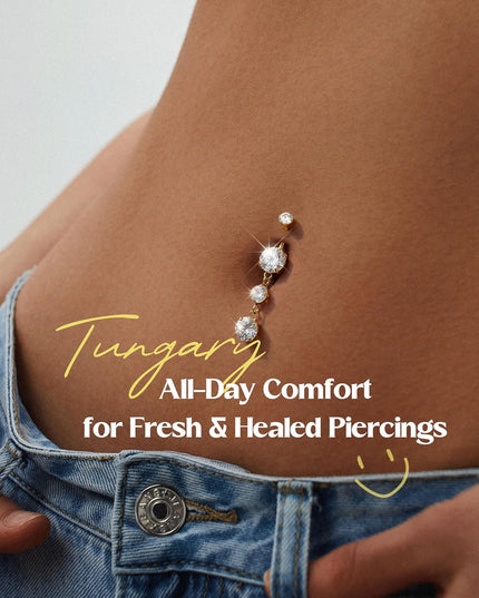 G23 Titanium Belly Button Ring for Women - 14G 3/8" Internally Threaded Navel Rings with 5A CZ Dangle Belly Button Ring Hypoallergenic Navel Piercing Jewelry, Gold & Titanium Silver