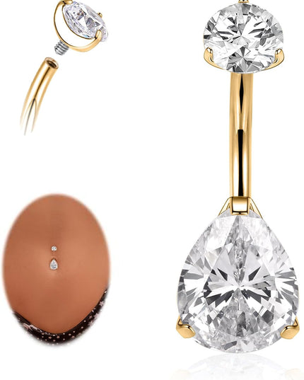 Gold Belly Button Ring G23 Titanium Hypoallergenic 14G Belly Ring for Women Men Teardrop Navel Piercing Jewelry 10Mm Barbell with Cubic Zircon