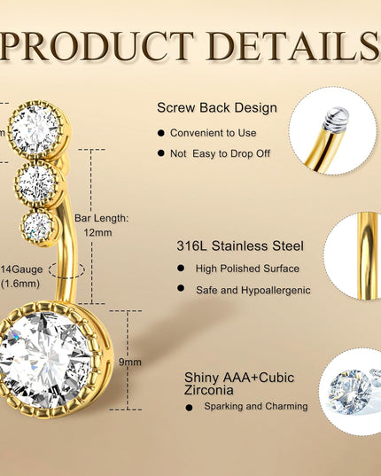 9 Pcs Belly Button Ring - Surgical Stainless Steel CZ Belly Rings Clicker Belly Piercings for Women Navel Piercing Jewelry Pack