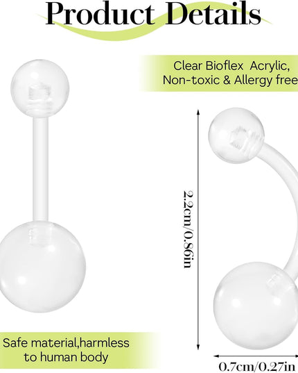 14G Clear Belly Button Rings, Bioflex Plastic Bar Belly Ring, Curved Barbell Navel Piercings Retainers for Work Surgery
