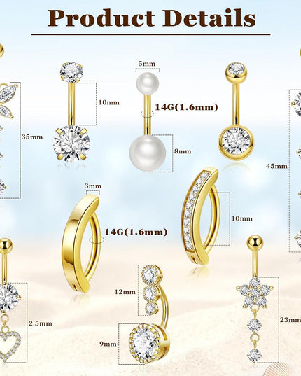 10Pcs 14K Gold Plated 14G Belly Button Rings for Women Surgical Steel Dangle Belly Rings CZ Clicker Belly Button Rings Hypoallergenic Heart Flower Butterfly Navel Piercing Jewelry