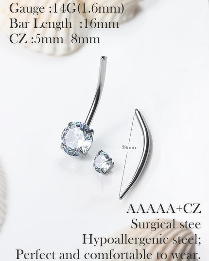 Long and Extra Long Bar Belly Button Ring Internal Thread Hypoallergenic Surgical Stainless Steel 14Mm 16Mm 14 Gauge Navel Rings Cubic Zirconia Buuton Body Piercing Jewelry for Women Men