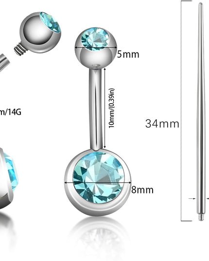 ASTM F136 Hypoallergenic G23 Titanium 14G Internally Threaded Belly Button Rings Petite Navel Ring Colorful CZ Belly Bars 10Mm for Women Body Piercing Jewelry with Changing Tool Tapper