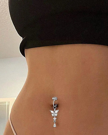 Fake Belly Butterfly Crystals Long Dangle Belly Button Rings Surgical Steel Navel Piercing Clip Umbilical Belly Body Jewelr