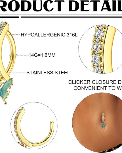 14K Gold Filled Belly Button Ring Hypoallergenic Surgical Stainless Steel Clicker Belly Rings Hoop CZ Butterfly Heart Teardrop Flower Reverse Belly Button Rings Belly Piercings Jewelry for Women 14G Navel Ring
