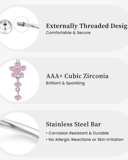 Belly Button Ring Dangle Navel Belly Piercing Jewelry Cute Pink CZ Heart Butterfly Bow Flower Navel Belly Rings for Women 14G Silver Stainless Steel Dainty Dangly Dangling Belly Button Piercing