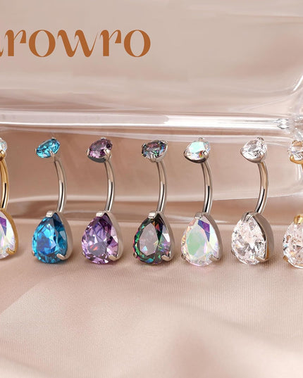 Gold Belly Button Ring G23 Titanium Hypoallergenic 14G Belly Ring for Women Men Teardrop Navel Piercing Jewelry 10Mm Barbell with Cubic Zircon