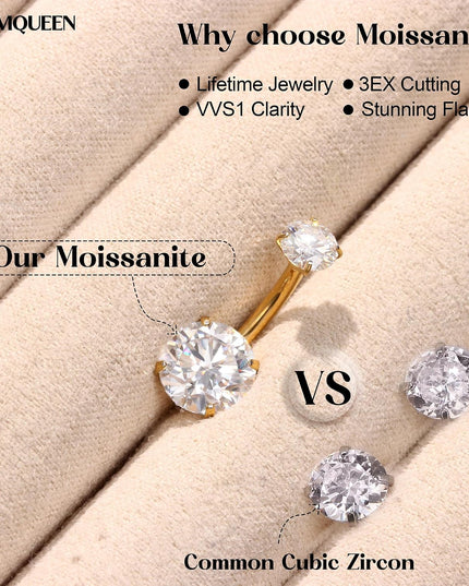 Moissanite ＆ G23 Titanium Belly Button Ring 18K Gold Plated Hypoallergenic Internally Threaded Belly Rings 14G Navel Piercing Jewelry for Women Men D Color VVS1 Clarity Brilliant Cut