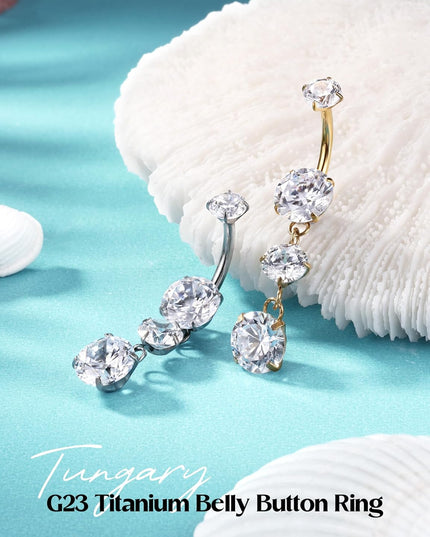 G23 Titanium Belly Button Ring for Women - 14G 3/8" Internally Threaded Navel Rings with 5A CZ Dangle Belly Button Ring Hypoallergenic Navel Piercing Jewelry, Gold & Titanium Silver