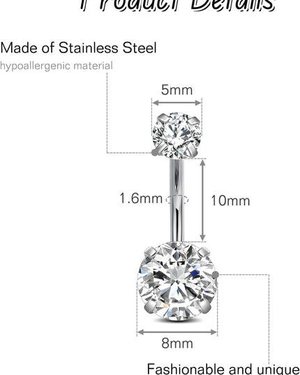 14G Stainless Steel Belly Button Rins, Heart CZ Belly Barbell Piercings, Cute Navel Piercing Jewelry for Women