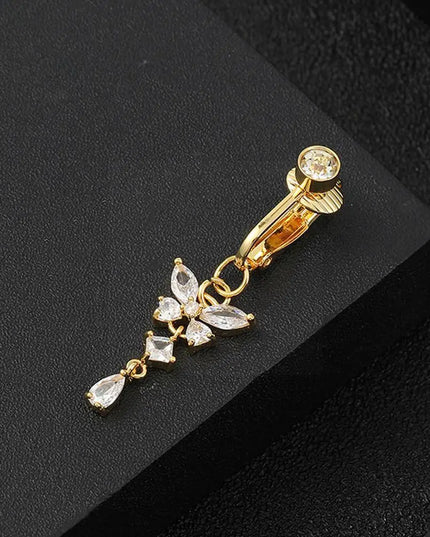 Fake Belly Butterfly Crystals Long Dangle Belly Button Rings Surgical Steel Navel Piercing Clip Umbilical Belly Body Jewelr