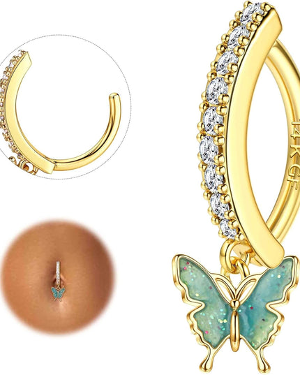 14K Gold Filled Belly Button Ring Hypoallergenic Surgical Stainless Steel Clicker Belly Rings Hoop CZ Butterfly Heart Teardrop Flower Reverse Belly Button Rings Belly Piercings Jewelry for Women 14G Navel Ring