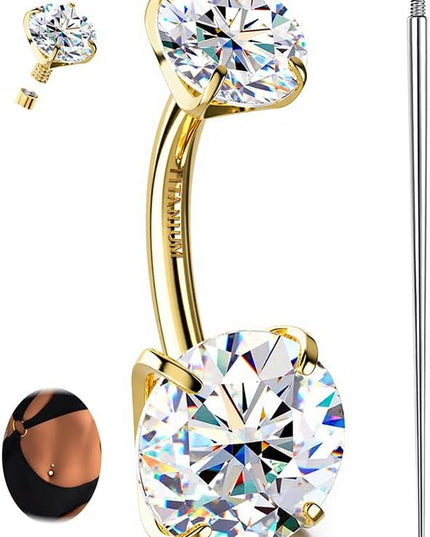 Moissanite ＆ G23 Titanium Belly Button Ring 18K Gold Plated Hypoallergenic Internally Threaded Belly Rings 14G Navel Piercing Jewelry for Women Men D Color VVS1 Clarity Brilliant Cut